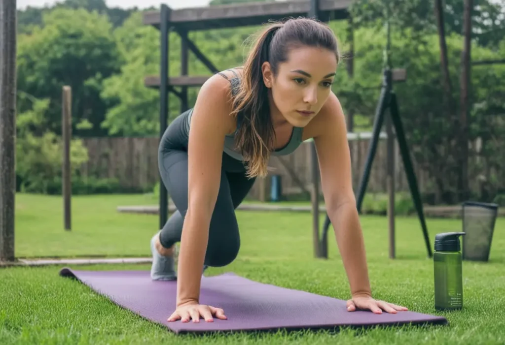 women doing stretching workout on a yoga mat, outdoor